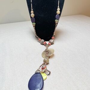 Chico’s Long Beaded Pendant Necklace With Shells and Crystals